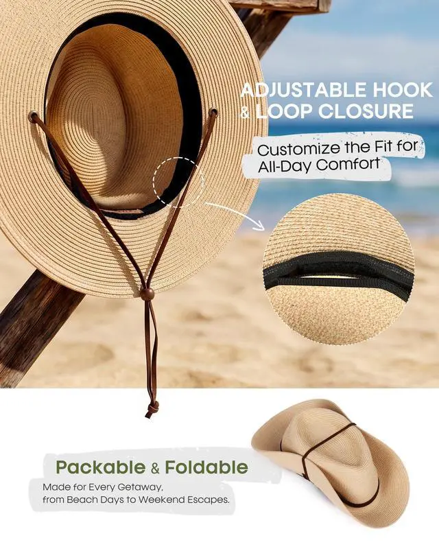 Alt view image 3 of 7 - Sun Hat Panama Fedora Straw Beach Hat with Wind Lanyard UPF Khaki