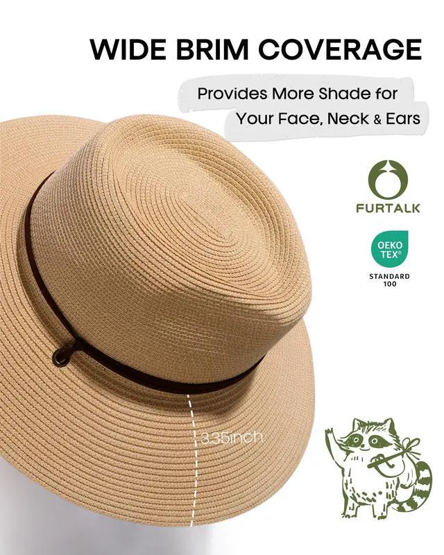 Alt view image 4 of 7 - Sun Hat Panama Fedora Straw Beach Hat with Wind Lanyard UPF Khaki