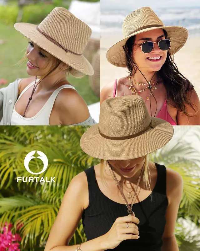Alt view image 5 of 7 - Sun Hat Panama Fedora Straw Beach Hat with Wind Lanyard UPF Khaki