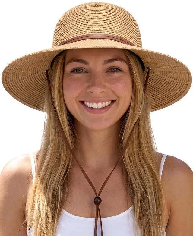 Main image of Womens Wide Brim Sun Hat with Wind Lanyard UPF Summer Straw Sun Hats for Women Khaki