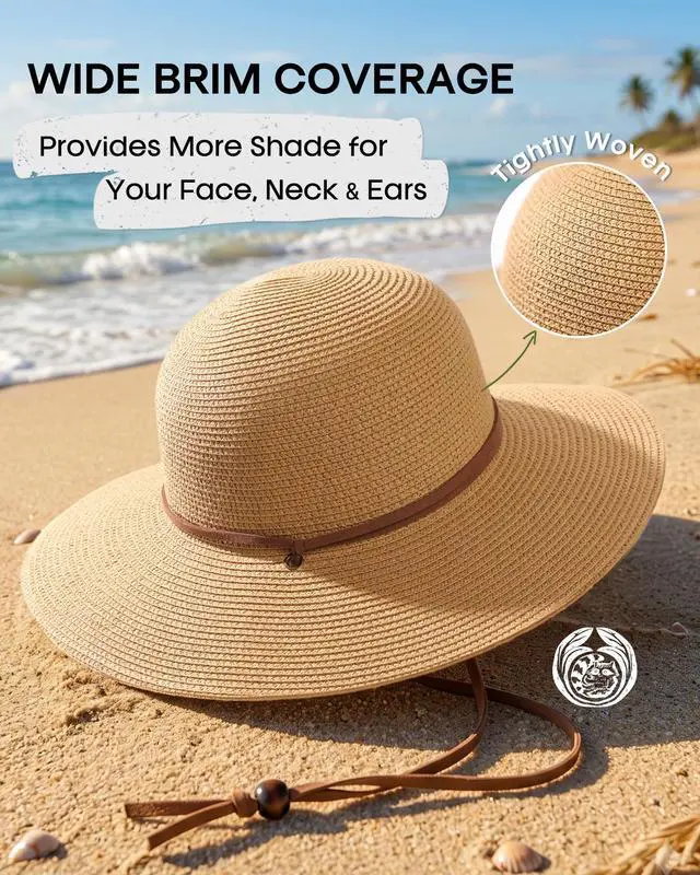 Alt view image 3 of 6 - Womens Wide Brim Sun Hat with Wind Lanyard UPF Summer Straw Sun Hats for Women Khaki