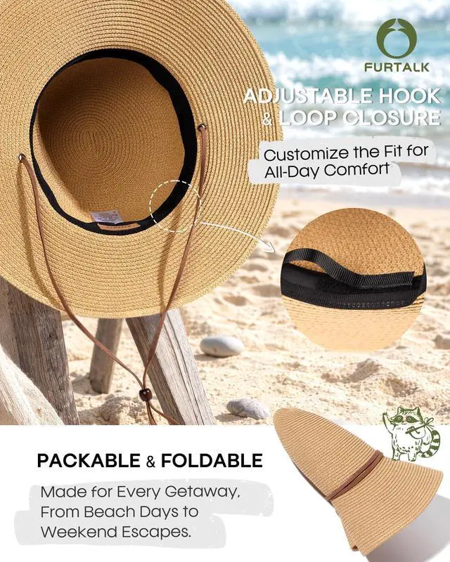 Alt view image 4 of 6 - Womens Wide Brim Sun Hat with Wind Lanyard UPF Summer Straw Sun Hats for Women Khaki