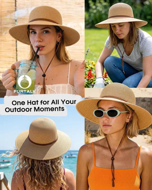 Alt view image 5 of 6 - Womens Wide Brim Sun Hat with Wind Lanyard UPF Summer Straw Sun Hats for Women Khaki