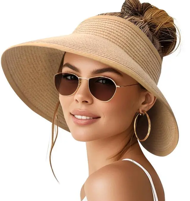 Main image of Sun Visor Hats for Women Wide Brim Ponytail Straw Hat (Khaki)