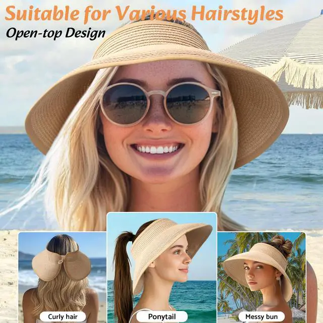 Alt view image 3 of 7 - Sun Visor Hats for Women Wide Brim Ponytail Straw Hat (Khaki)