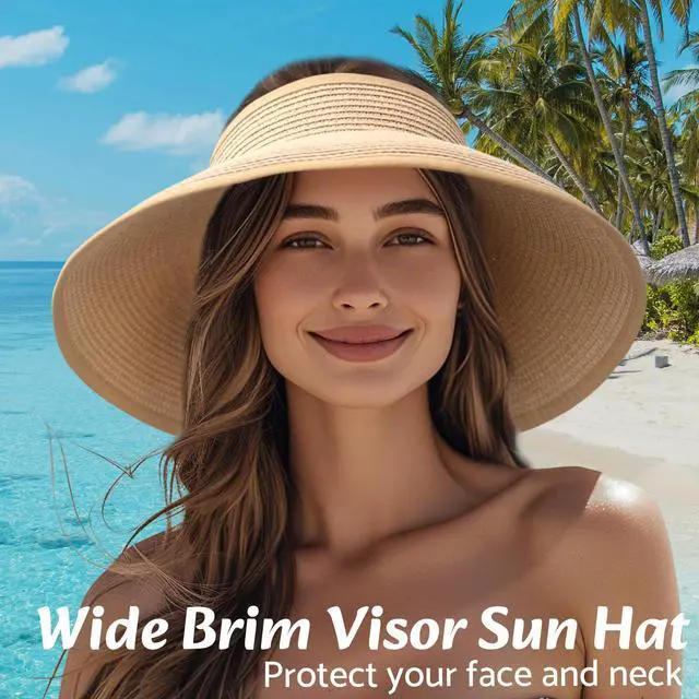 Alt view image 4 of 7 - Sun Visor Hats for Women Wide Brim Ponytail Straw Hat (Khaki)