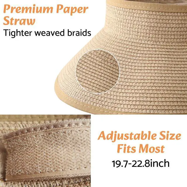 Alt view image 6 of 7 - Sun Visor Hats for Women Wide Brim Ponytail Straw Hat (Khaki)
