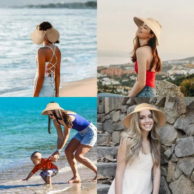 Alt view image 7 of 7 - Sun Visor Hats for Women Wide Brim Ponytail Straw Hat (Khaki)