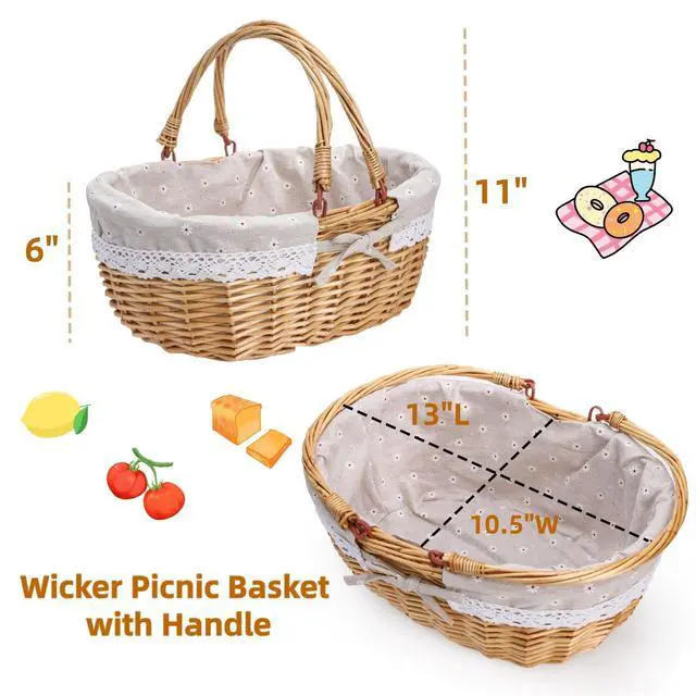 Alt view image 2 of 7 - Wicker Picnic Basket with Handle, Large Empty Gift Basket to Fill, Open Top Market Harvest Baskets for Garden, Fruit, Candy, Wine, Easter Egg Gathering, Wedding, Vegetables