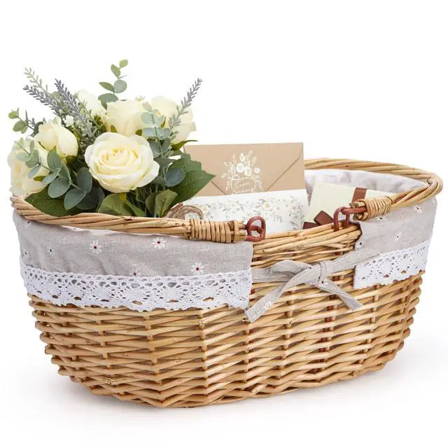 Alt view image 3 of 7 - Wicker Picnic Basket with Handle, Large Empty Gift Basket to Fill, Open Top Market Harvest Baskets for Garden, Fruit, Candy, Wine, Easter Egg Gathering, Wedding, Vegetables