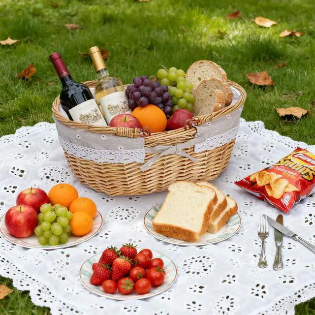 Alt view image 6 of 7 - Wicker Picnic Basket with Handle, Large Empty Gift Basket to Fill, Open Top Market Harvest Baskets for Garden, Fruit, Candy, Wine, Easter Egg Gathering, Wedding, Vegetables