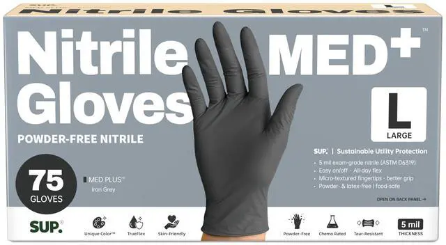 Main image of MED+ Black Nitrile Exam Gloves, 5 MIL Extra Durable Medical Disposable Gloves Latex & Powder Free Food Safe Cooking Cleaning 75 Ct (Large)