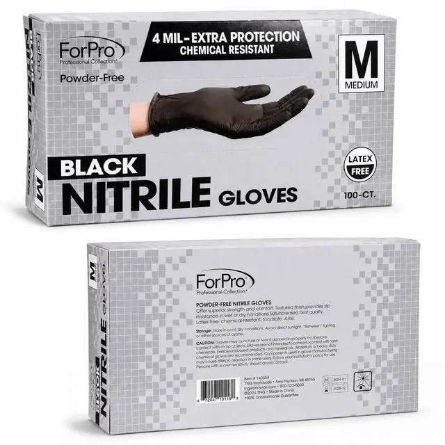 Alt view image 2 of 7 - Disposable Nitrile Gloves, Chemical Resistant, Powder-Free, Latex-Free, Non-Sterile, Food Safe, 4 Mil, Black, Medium, 100-Count