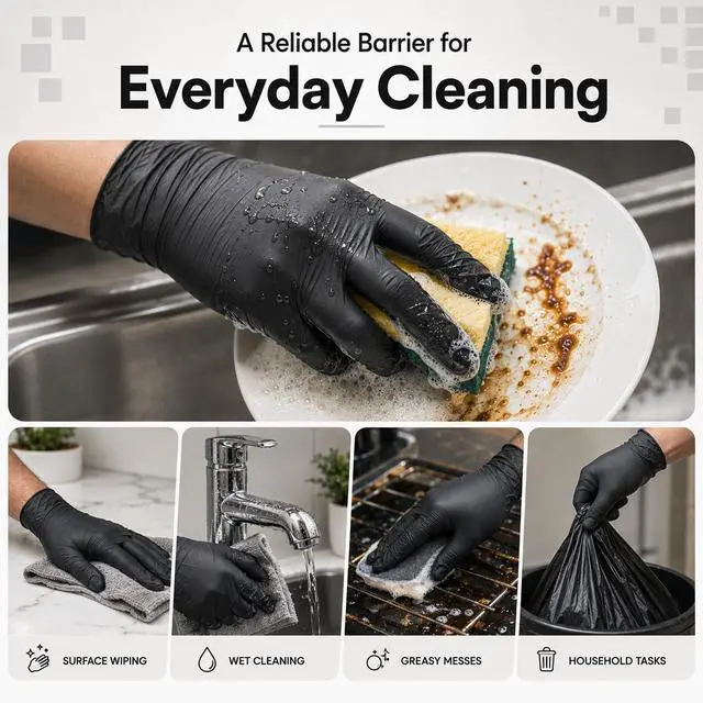Alt view image 4 of 7 - Disposable Nitrile Gloves, Chemical Resistant, Powder-Free, Latex-Free, Non-Sterile, Food Safe, 4 Mil, Black, Medium, 100-Count
