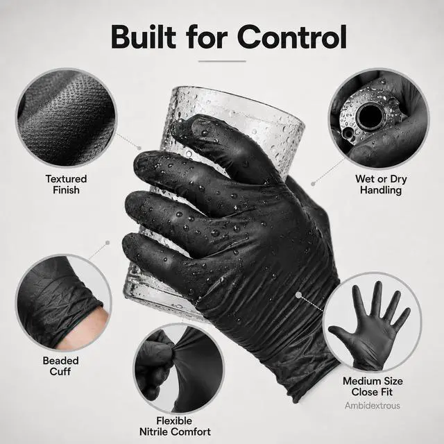 Alt view image 3 of 7 - Disposable Nitrile Gloves, Chemical Resistant, Powder-Free, Latex-Free, Non-Sterile, Food Safe, 4 Mil, Black, Medium, 100-Count