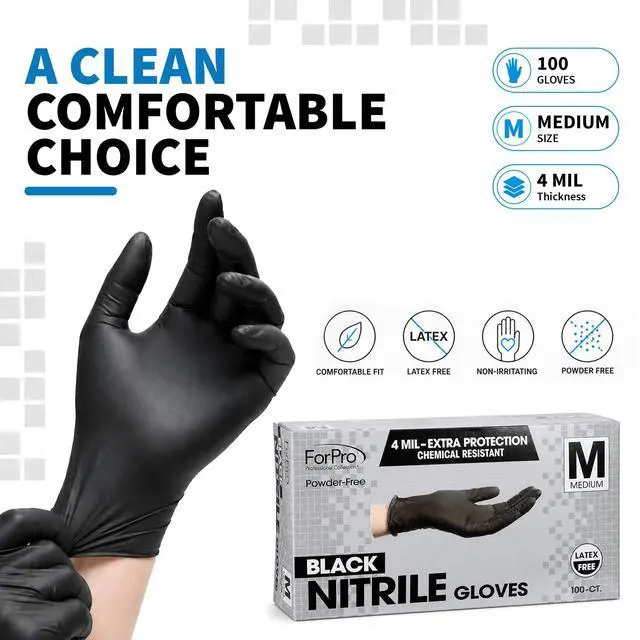 Alt view image 7 of 7 - Disposable Nitrile Gloves, Chemical Resistant, Powder-Free, Latex-Free, Non-Sterile, Food Safe, 4 Mil, Black, Medium, 100-Count