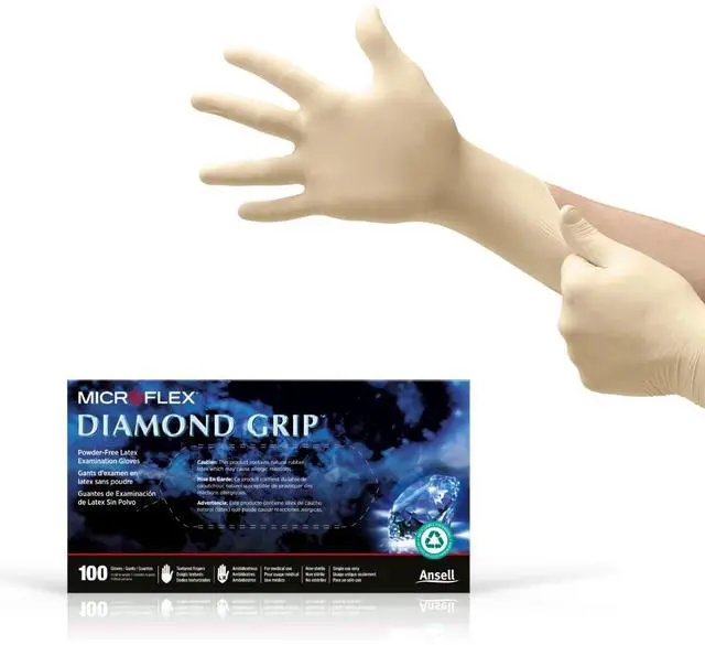 Main image of MICROFLEX Diamond Grip MF-300 Disposable Latex Gloves for Automotive, Healthcare, Machinery Industries - Large, Natural (Box of 100)