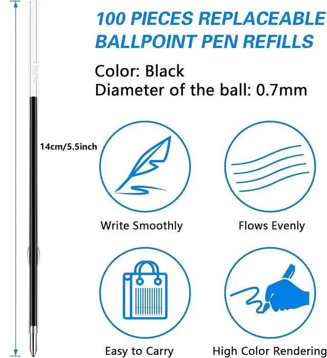 Alt view image 2 of 7 - 100Pcs Ink Pen Refills Replaceable, 0.7mm Black Ballpoint Pen Refill