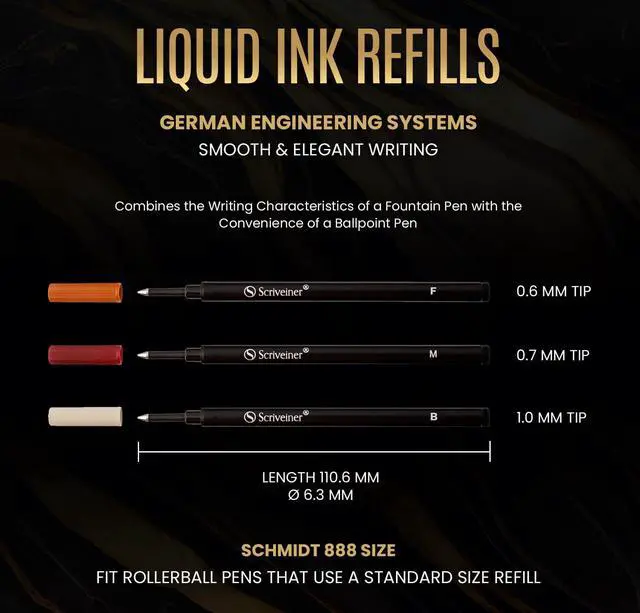 Alt view image 5 of 7 - Rollerball Refill Black Fine - 4 Rollerball Refills Designed for Scriveiner Pens - Safety Ceramic Non Dry Roller Pen Refill F - Schmidt 888 Size Made in Germany