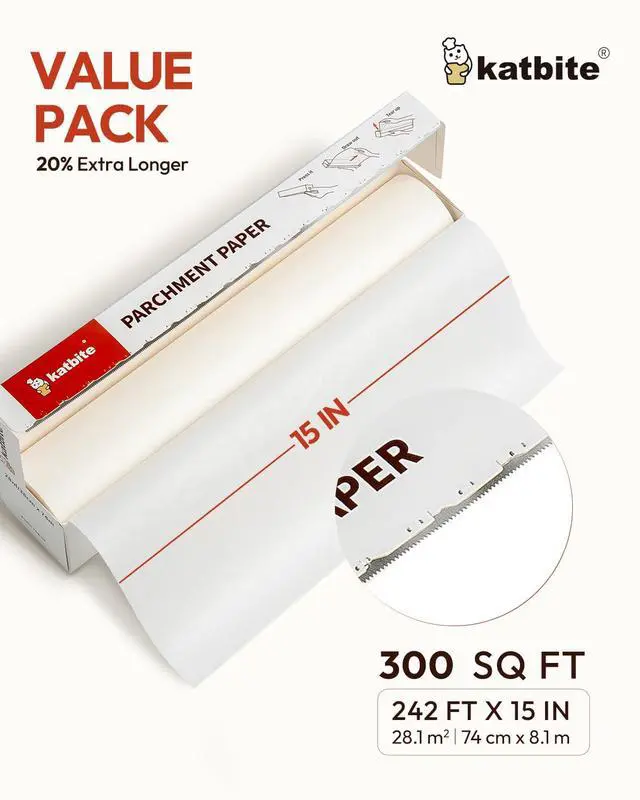 Alt view image 2 of 7 - 15in x 242ft, 300 Sq.Ft Value Pack Parchment Paper Roll for Baking, Parchment Baking Paper with Serrated Cutter, Heavy Duty & Value Pack Roll for Cooking, Air Fryer, Steaming, Bread