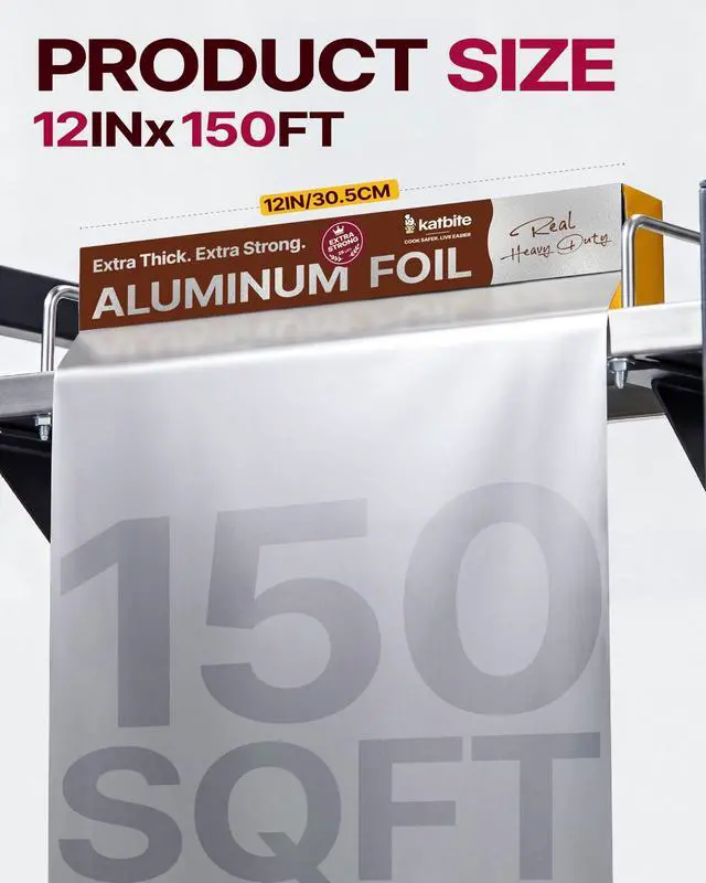 Alt view image 2 of 7 - Aluminum Foil Roll, Heavy Duty 12inx150ft, 25 Micron Thick Strong Foils Aluminum Roll with Cutter for Home Cooking, Catering, Grilling,150Sqft