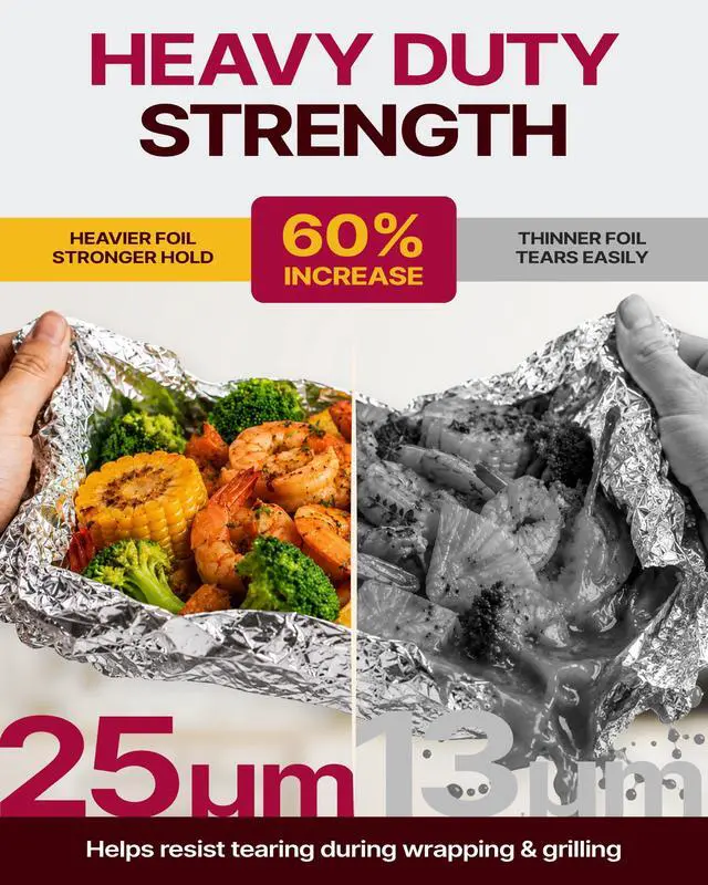 Alt view image 3 of 7 - Aluminum Foil Roll, Heavy Duty 12inx150ft, 25 Micron Thick Strong Foils Aluminum Roll with Cutter for Home Cooking, Catering, Grilling,150Sqft