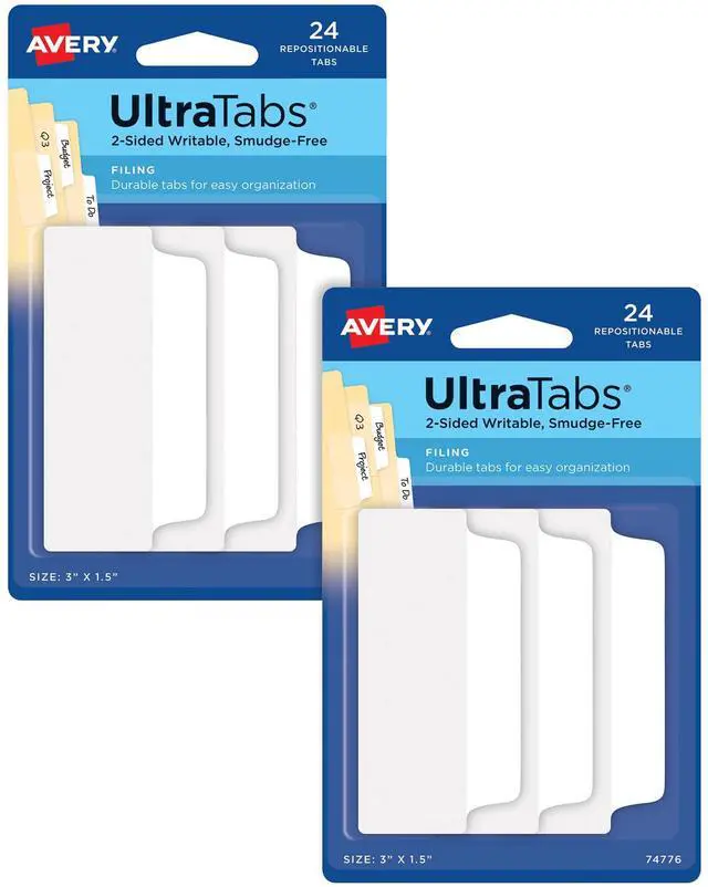 Main image of Ultra Tabs®, File Tabs, 3" x 1.5", 2-Side Writable, White, Self-Adhesive, 24 Per Pack, 48 Total (2-Pack of 74776)