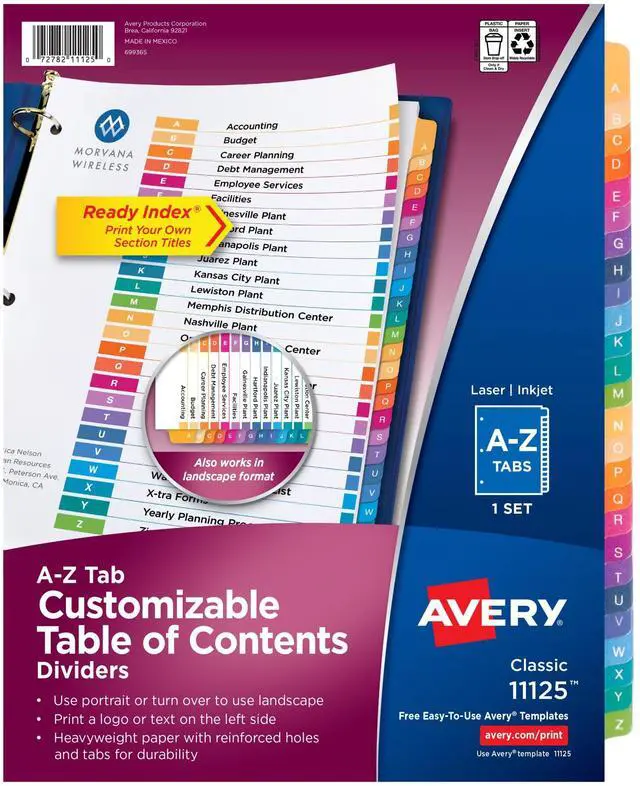 Main image of A-Z Dividers for 3 Ring Binders, 26 Tabs per Set, Customizable Table of Contents, Multicolor Tabs, Great for Organizing Reports, Projects, and More (11125)
