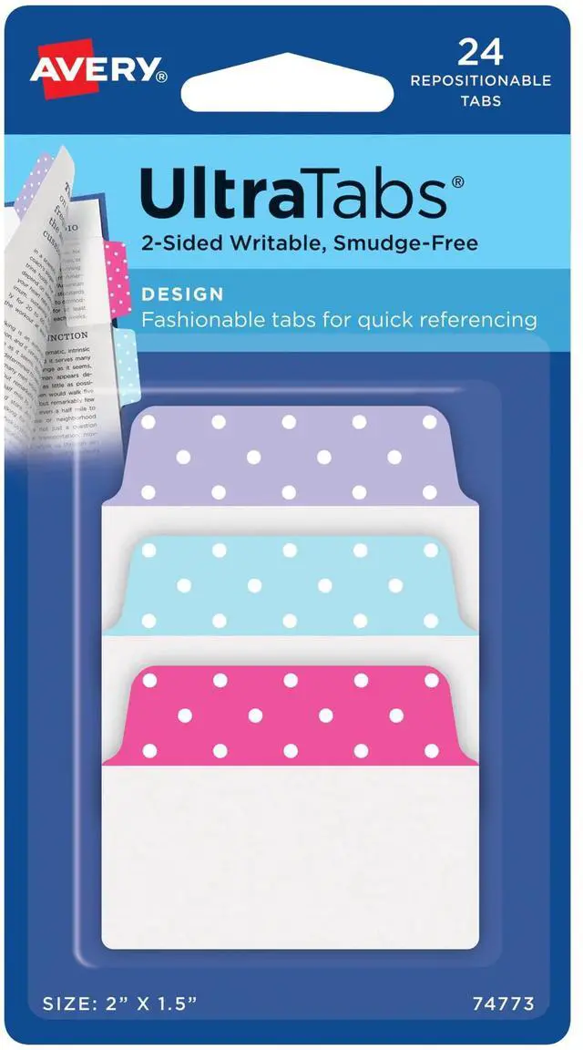 Main image of Multiuse Ultra Tabs, 2" x 1.5", 2-Side Writable, Assorted Pastel Dots, 24 Repositionable Tabs (74773)
