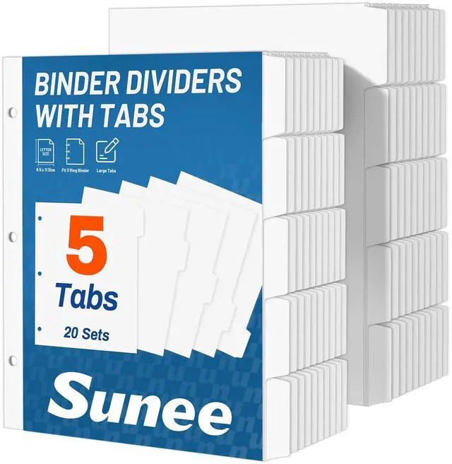Main image of Binder Dividers with Tabs for 3 Ring Binder, 8.5 x 11 Paper White Binder Dividers Blank with 5 Tabs, 20 Sets Page Dividers for School, Office and Home, 100 Dividers