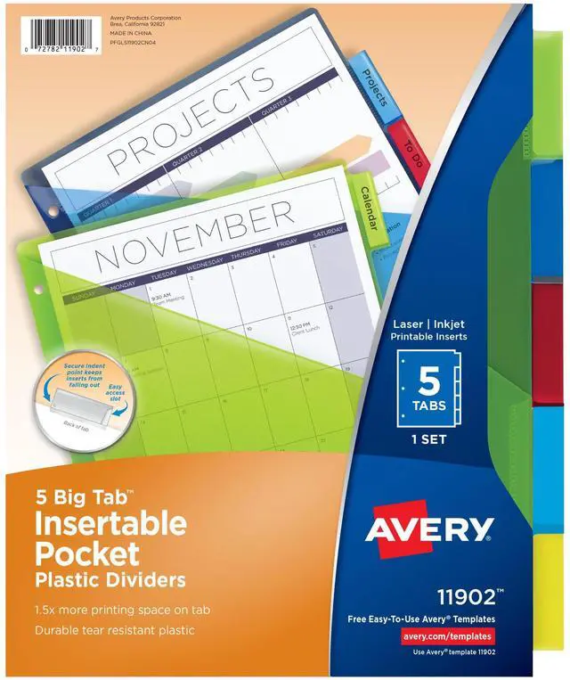 Main image of Dividers for 3 Ring Binders, 5 Tab Plastic Binder Dividers, Pockets, Insertable Big Tabs, Multicolor, Extend Beyond Sheet Protectors, 1 Set (11902)