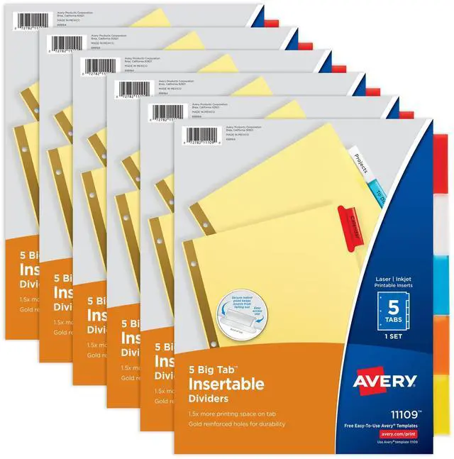 Main image of Binder Dividers - 5-Tab Insertable Multicolor Big Tabs for Binders, 6 Sets of Dividers (11109)
