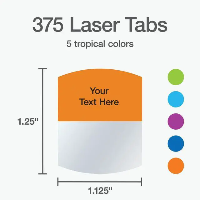 Alt view image 2 of 7 - Laser Printable Tabs, Permanent Index Tabs, Customizable Adhesive Labels, Assorted Tropical Colors, 1.125" x 1.25", 375 Per Pack (1006789)