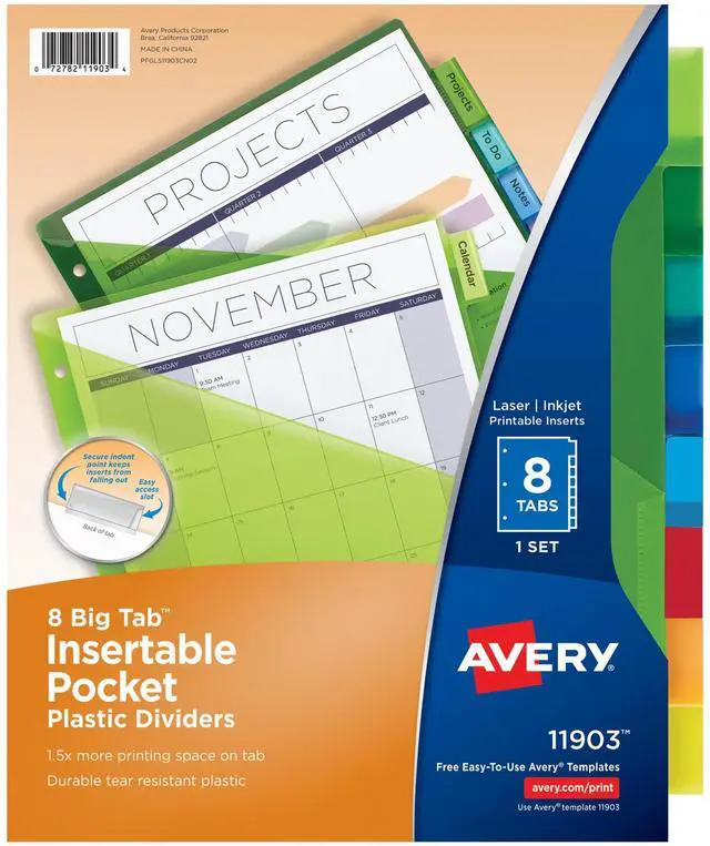 Main image of Insertable Plastic Dividers for 3 Ring Binders, 8 Tabs per Set, Big Tabs, One Pocket, Multicolor Binder Dividers, Works with Sheet Protectors (11903)