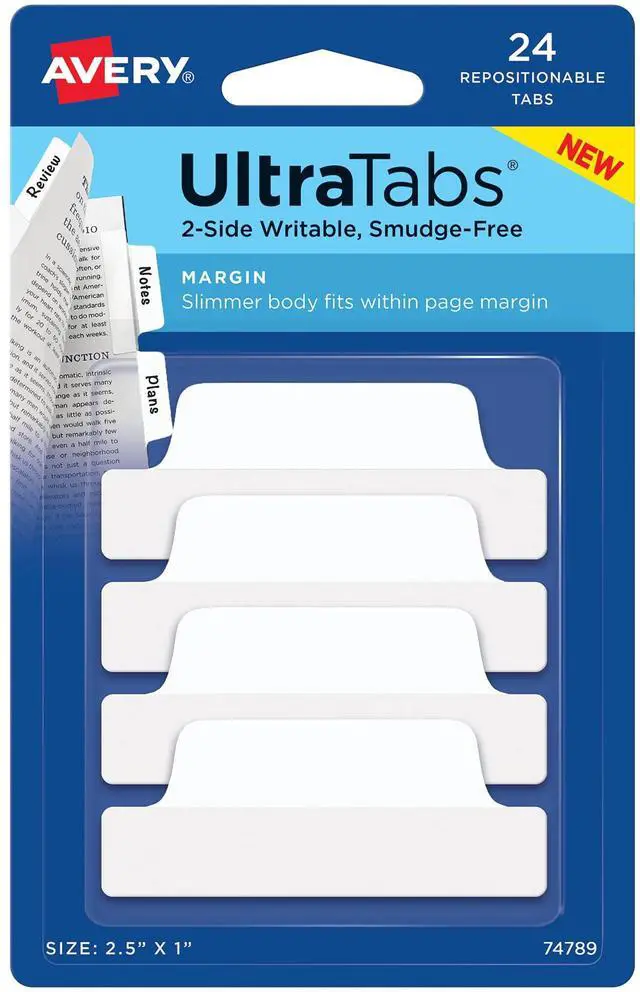 Main image of Margin Ultra Tabs®, 2.5" x 1", 2-Side Writable, White, 24 Repositionable Page Tabs (74789)