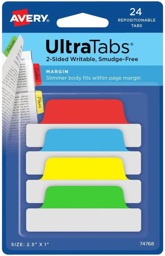 Main image of Margin Ultra Tabs®, 2.5" x 1", 2-Side Writable, Assorted Colors, 24 Repositionable Page Tabs (74768)