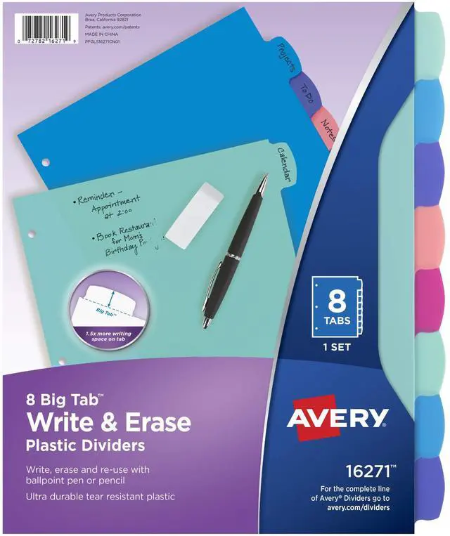 Main image of Write & Erase Dividers for 3 Ring Binders, 8 Tabs per Set, Multicolor Big Tabs, Pastels, Binder Dividers Great for Organizing Reports, Projects, and More (16271)