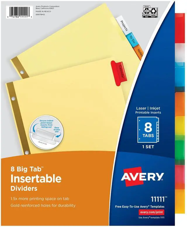 Main image of Insertable Dividers for 3 Ring Binders, 8 Tabs per Set, Multicolor Big Tabs, Buff Paper with Gold-Reinforced Holes, Great for Organizing Reports, Projects, and More (11111)