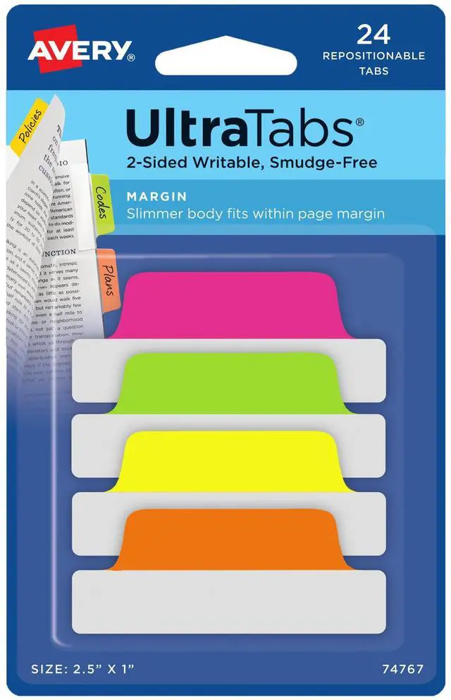 Main image of Margin Ultra Tabs, 2.5" x 1", 2-Side Writable, Assorted Neon Color, 24 Repositionable Page Tabs (74767)