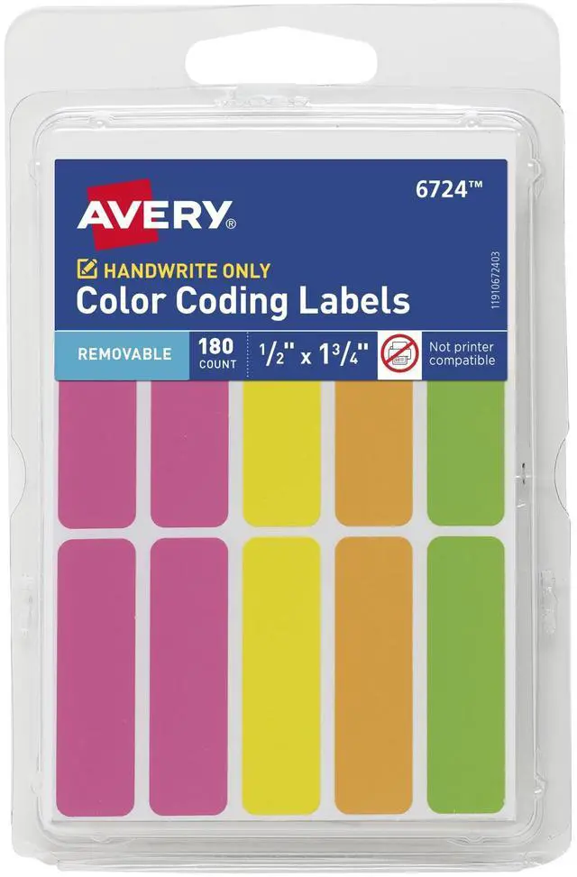Main image of Color-Coding Removable Labels, 1/2" x 1-3/4", Assorted Neon Colors, Non-Printable, 180 Blank Labels Total (6724)