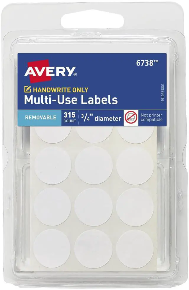 Main image of Multi-Use Removable Labels, 3/4 Inch Round Stickers, White, Non-Printable, 315 Blank Labels Total (6738)