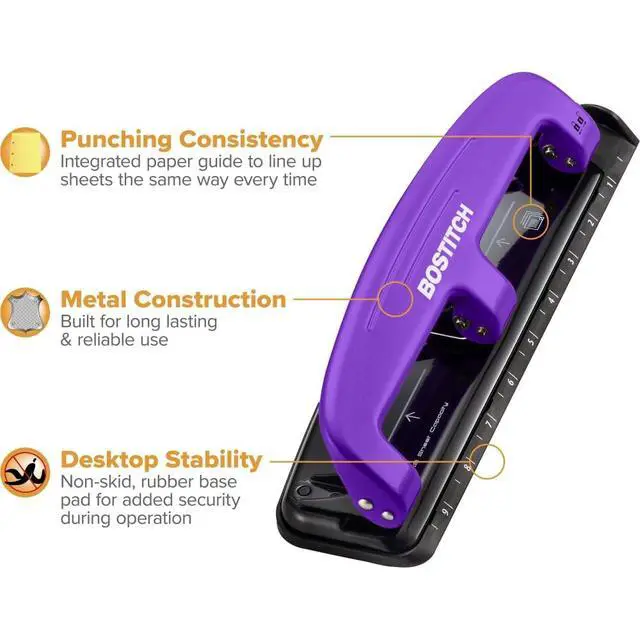 Alt view image 6 of 6 - Bostitch Office EZ Squeeze Reduced Effort 3-Hole Punch, 12 Sheets, Purple