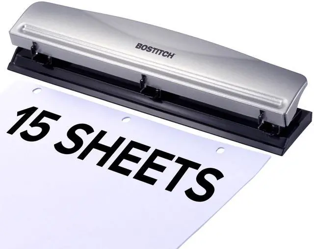 Main image of 3 Hole Paper Punch, 15 Sheet Capacity, Metal Office Hole Puncher with Chip Tray, Non-Slip Base, 9/32" Holes, Perfect for Binders, School, Home & Office