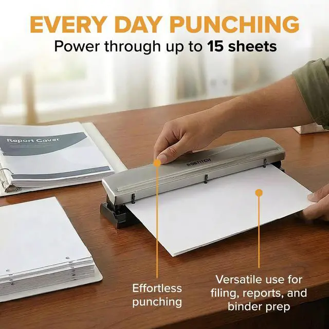 Alt view image 2 of 7 - 3 Hole Paper Punch, 15 Sheet Capacity, Metal Office Hole Puncher with Chip Tray, Non-Slip Base, 9/32" Holes, Perfect for Binders, School, Home & Office