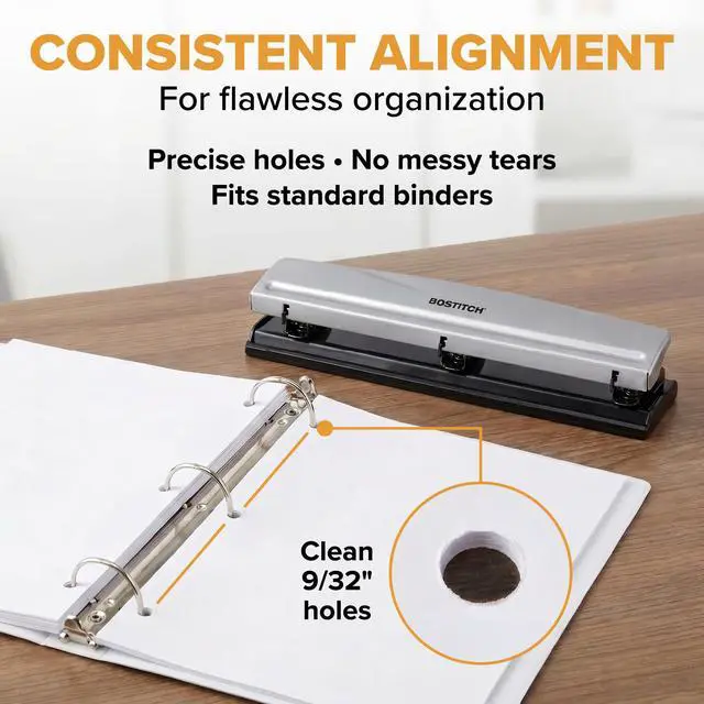 Alt view image 3 of 7 - 3 Hole Paper Punch, 15 Sheet Capacity, Metal Office Hole Puncher with Chip Tray, Non-Slip Base, 9/32" Holes, Perfect for Binders, School, Home & Office