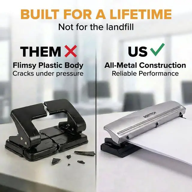 Alt view image 4 of 7 - 3 Hole Paper Punch, 15 Sheet Capacity, Metal Office Hole Puncher with Chip Tray, Non-Slip Base, 9/32" Holes, Perfect for Binders, School, Home & Office