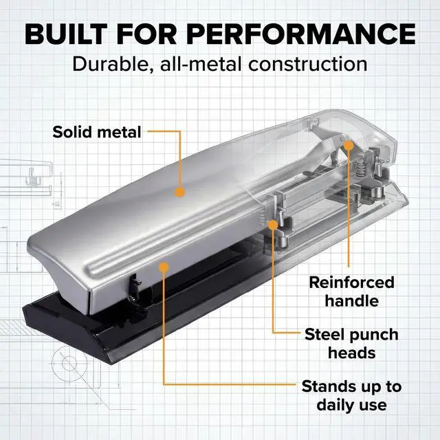 Alt view image 5 of 7 - 3 Hole Paper Punch, 15 Sheet Capacity, Metal Office Hole Puncher with Chip Tray, Non-Slip Base, 9/32" Holes, Perfect for Binders, School, Home & Office