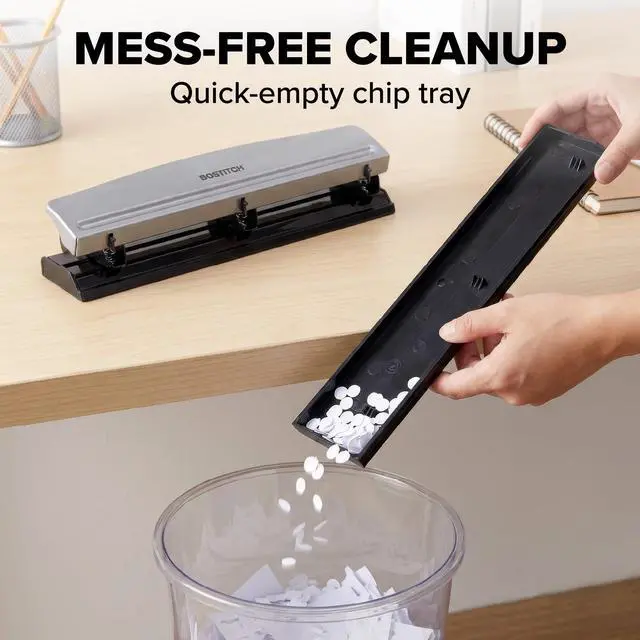 Alt view image 7 of 7 - 3 Hole Paper Punch, 15 Sheet Capacity, Metal Office Hole Puncher with Chip Tray, Non-Slip Base, 9/32" Holes, Perfect for Binders, School, Home & Office