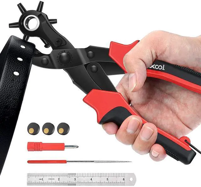 Main image of Revolving Punch Plier Kit, Leather Hole Punch Set for Belts, Watch Bands, Straps, Dog Collars, Saddles, Shoes, Fabric, DIY Home or Craft Projects, Heavy Duty Rotary Puncher, Multi Hole Sizes Make