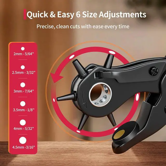 Alt view image 2 of 7 - Revolving Punch Plier Kit, Leather Hole Punch Set for Belts, Watch Bands, Straps, Dog Collars, Saddles, Shoes, Fabric, DIY Home or Craft Projects, Heavy Duty Rotary Puncher, Multi Hole Sizes Make
